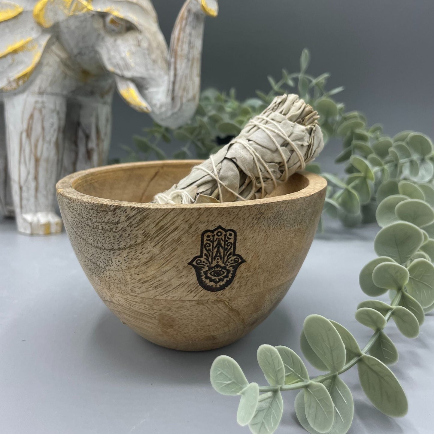 Wooden Smudge and Ritual Offerings Bowl - Hamsa - 11x7cm - Luna Panther