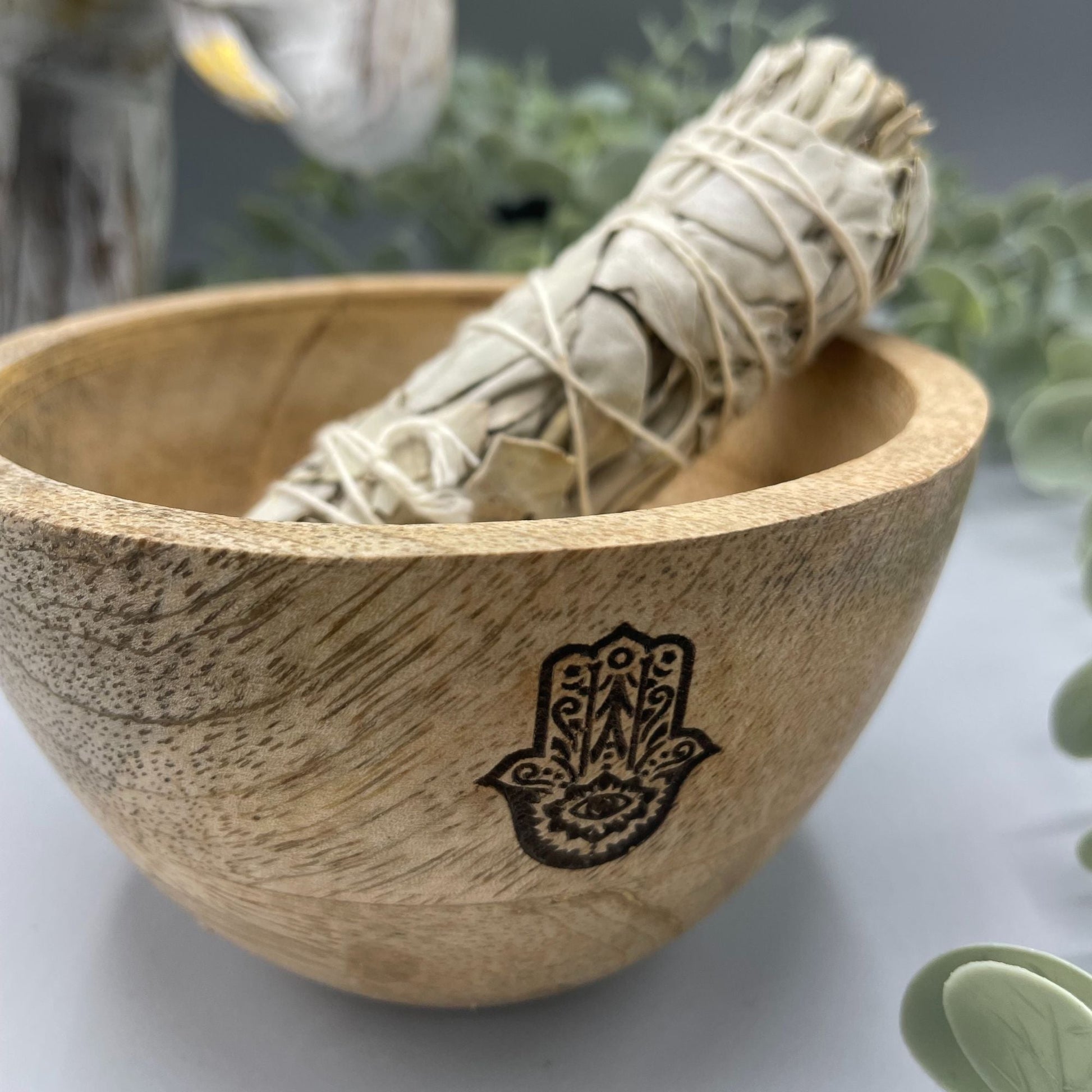 Wooden Smudge and Ritual Offerings Bowl - Hamsa - 11x7cm - Luna Panther