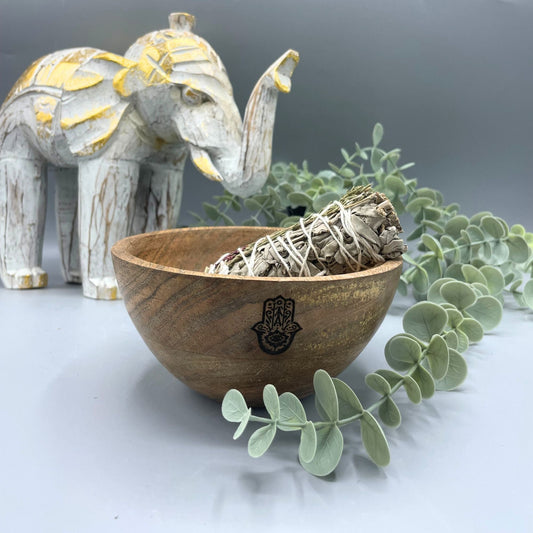 Wooden Smudge and Ritual Offerings Bowl - Hamsa - 13x7cm - Luna Panther