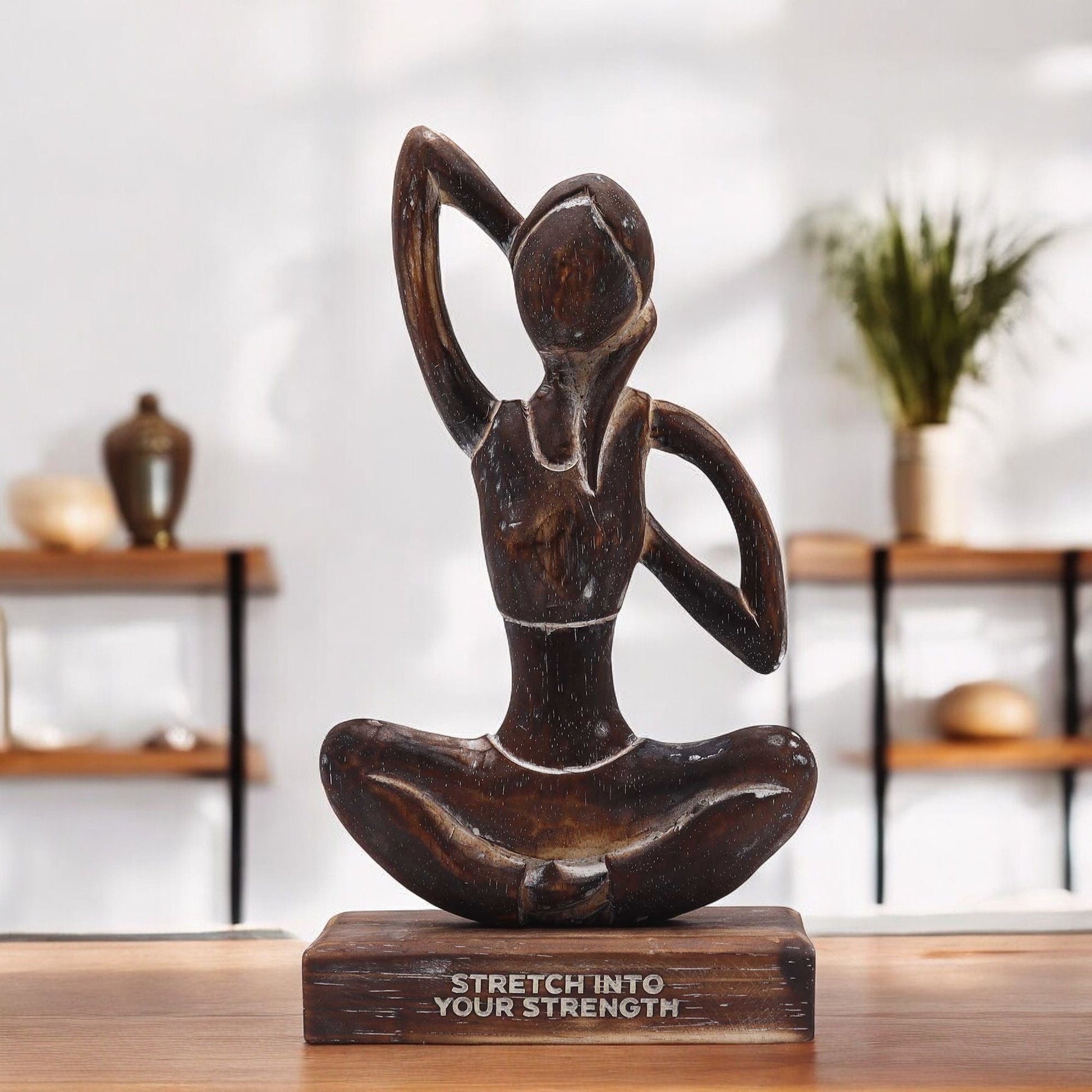 Wooden Yoga Lady – Antique – Cow Face Pose – "Stretch into Your Strength" — sculptures & statues, image 3 of 3.