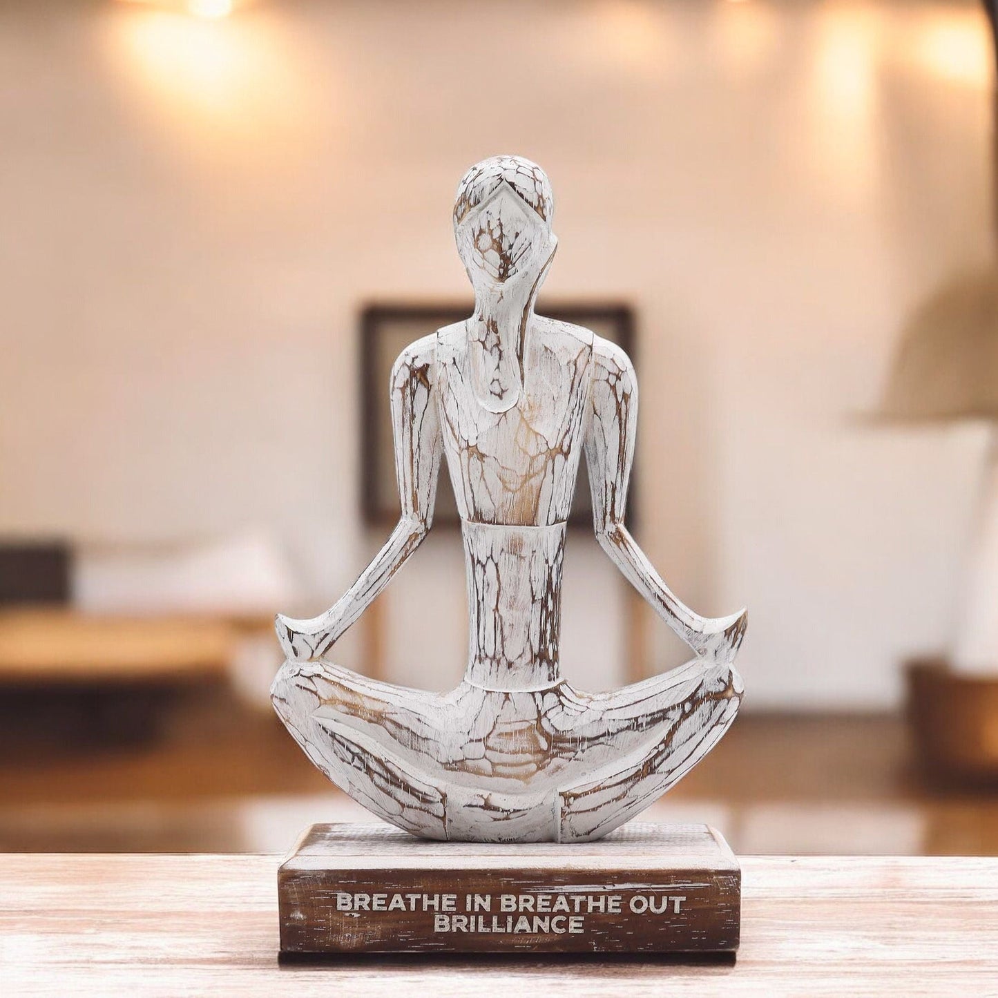 Wooden Yoga Lady – Whitewash – Easy Pose – "Breathe in Breathe out Brilliance" - Luna Panther