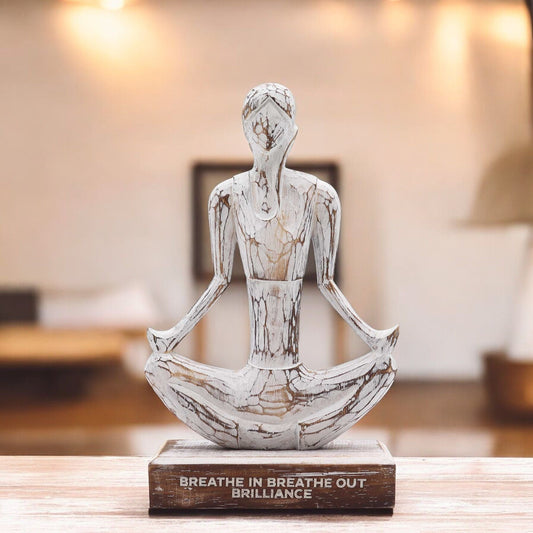 Wooden Yoga Lady – Whitewash – Easy Pose – "Breathe in Breathe out Brilliance" - Luna Panther