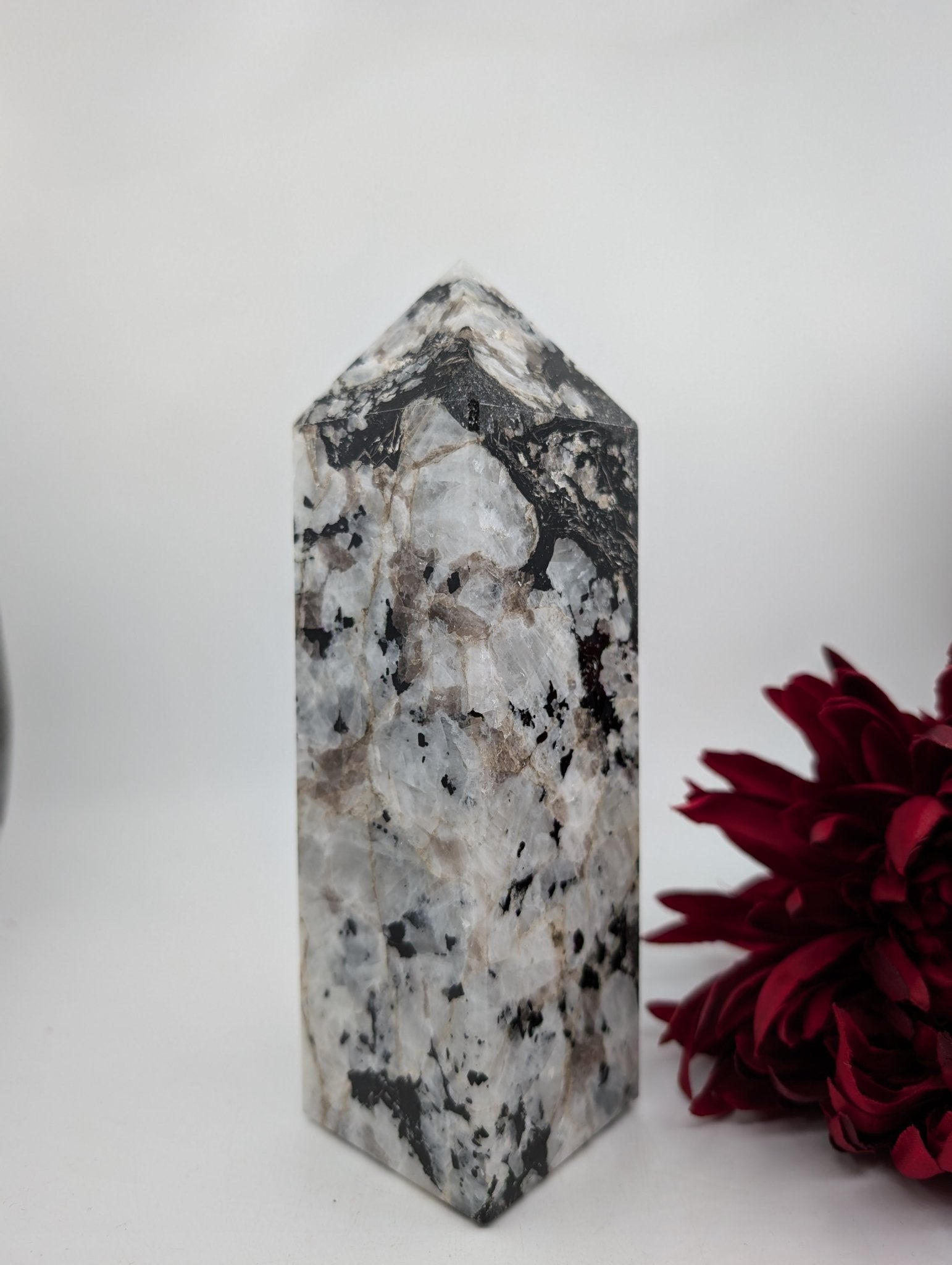 Polished XL Rainbow Moonstone Obelisk Tower 1470g featuring pearly adularescence and soft sheen - Luna Panther