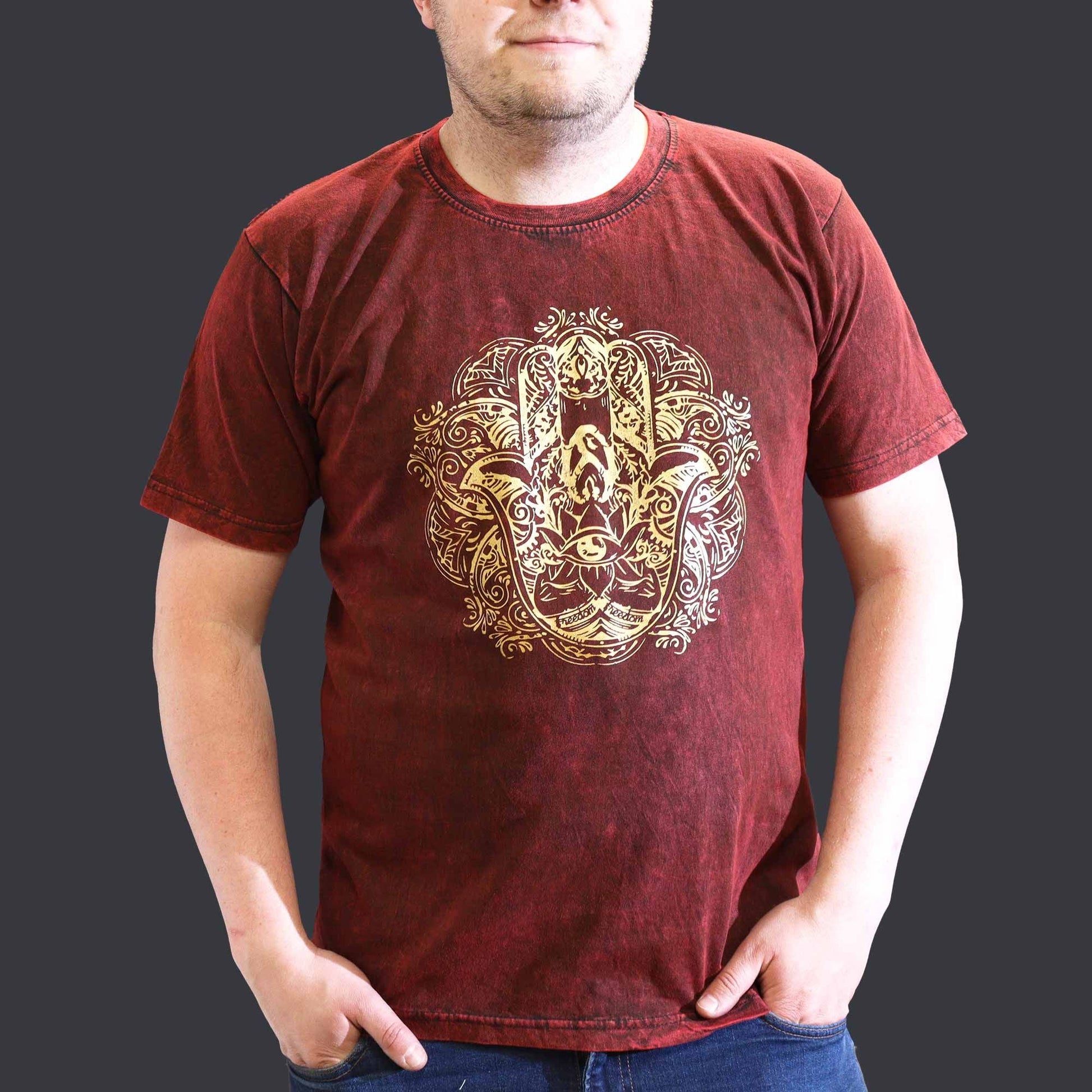 Polished XLarge Stone Washed T-Shirt - Hamsa - Maroon featuring natural patterning and unique variations - Luna Panther