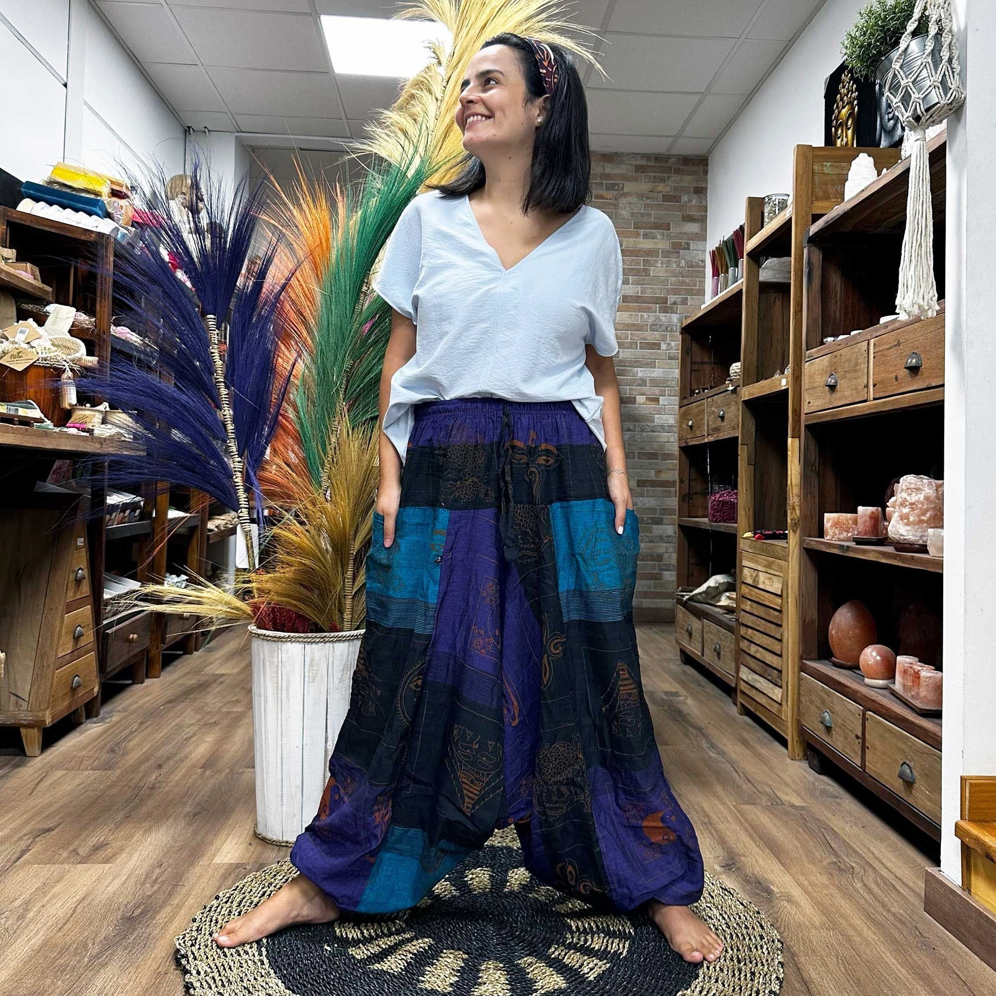 Yoga and Festival Pants - Aladdin Himalayan Print on Purple - Luna Panther