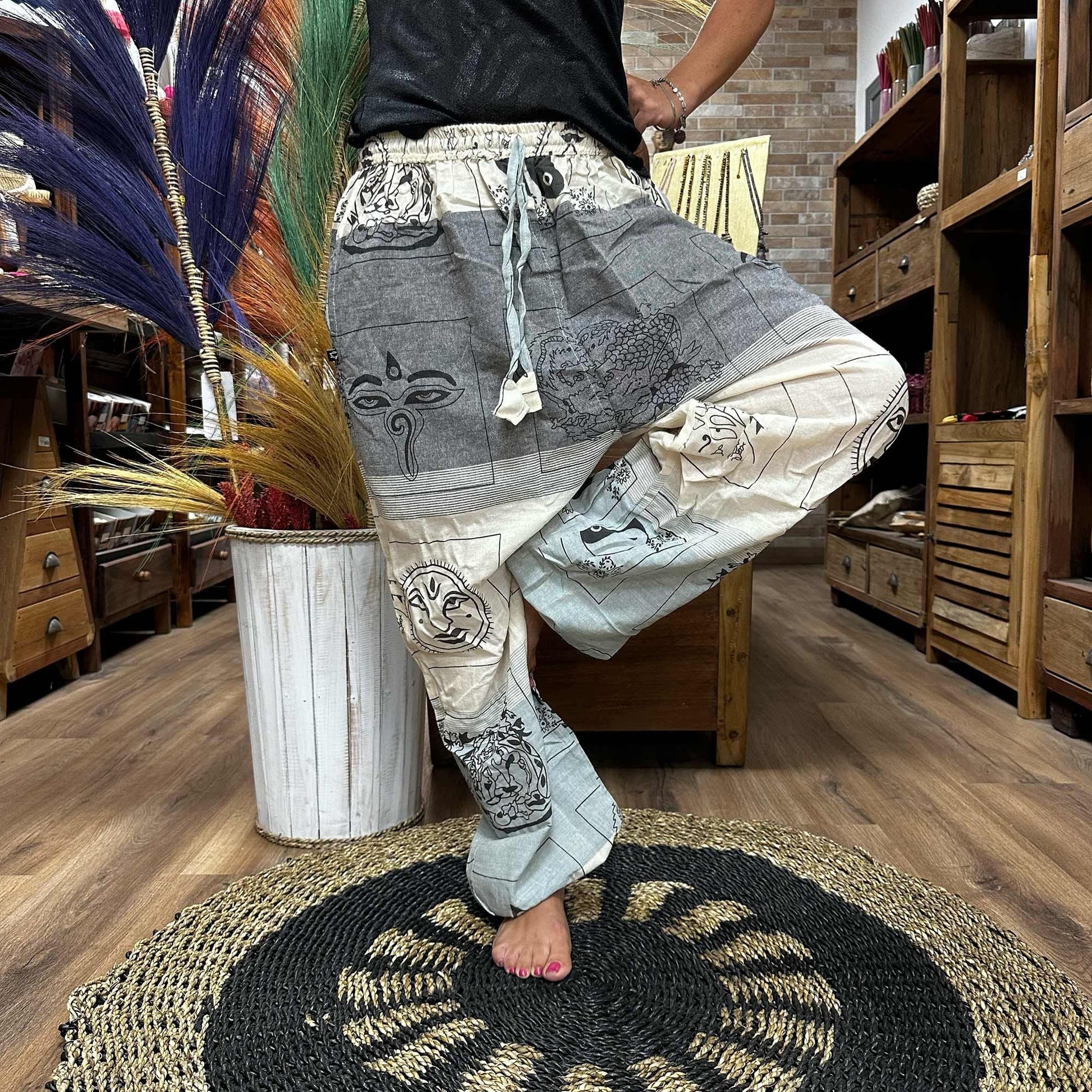 Polished Yoga and Festival Pants - High Cross Himalayan Print on Grey featuring natural patterning and unique variations - Luna Panther