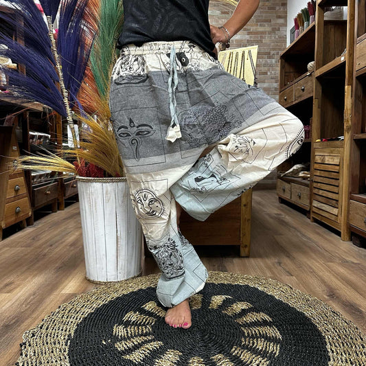 Polished Yoga and Festival Pants - High Cross Himalayan Print on Grey featuring natural patterning and unique variations - Luna Panther