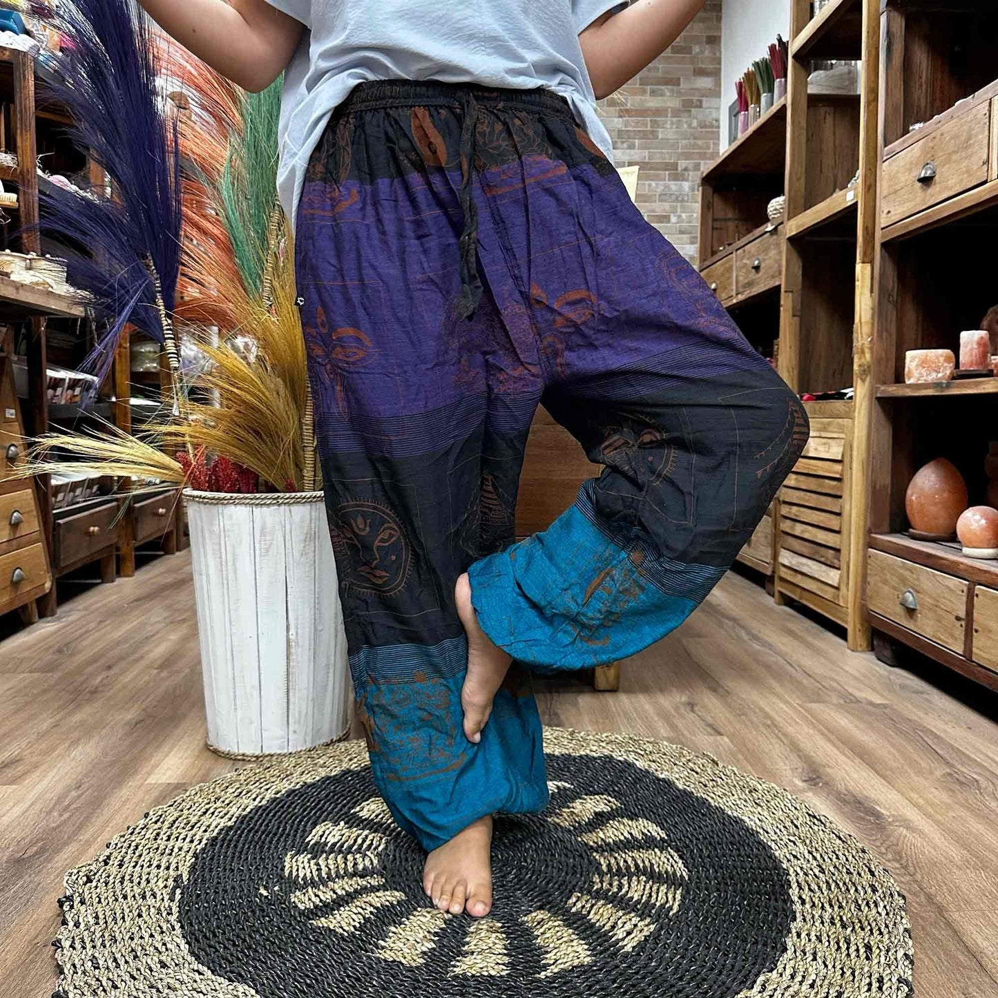 Polished Yoga and Festival Pants - High Cross Himalayan Print on Purple featuring natural patterning and unique variations - Luna Panther