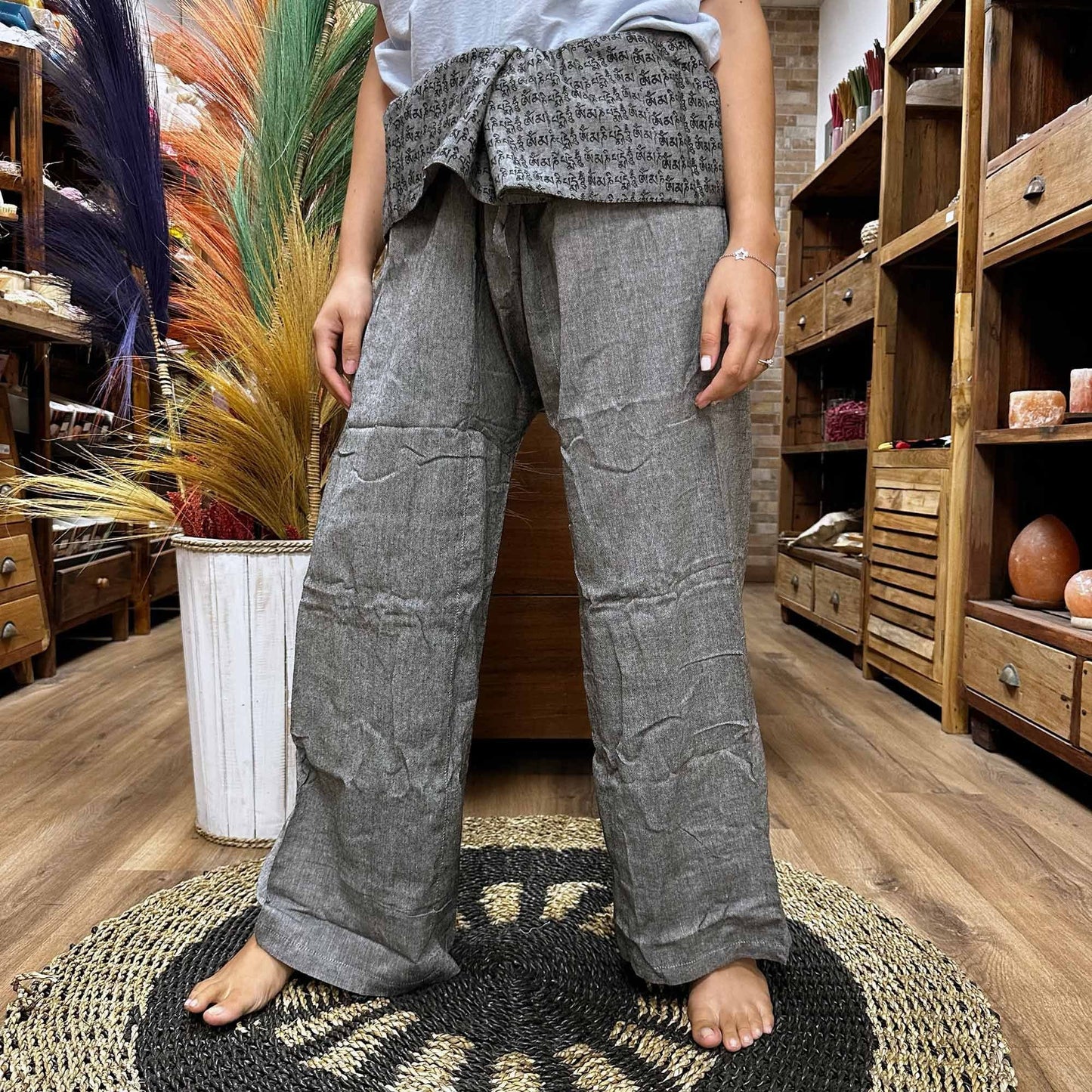 Yoga and Festival Pants - Thai Fisherman Mandala Mantra on Grey - Luna Panther