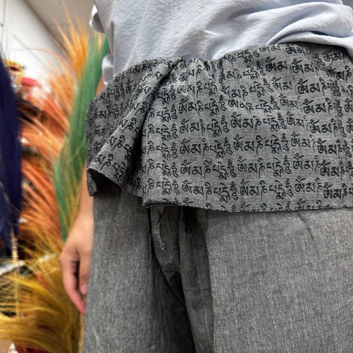 Yoga and Festival Pants - Thai Fisherman Mandala Mantra on Grey - Luna Panther
