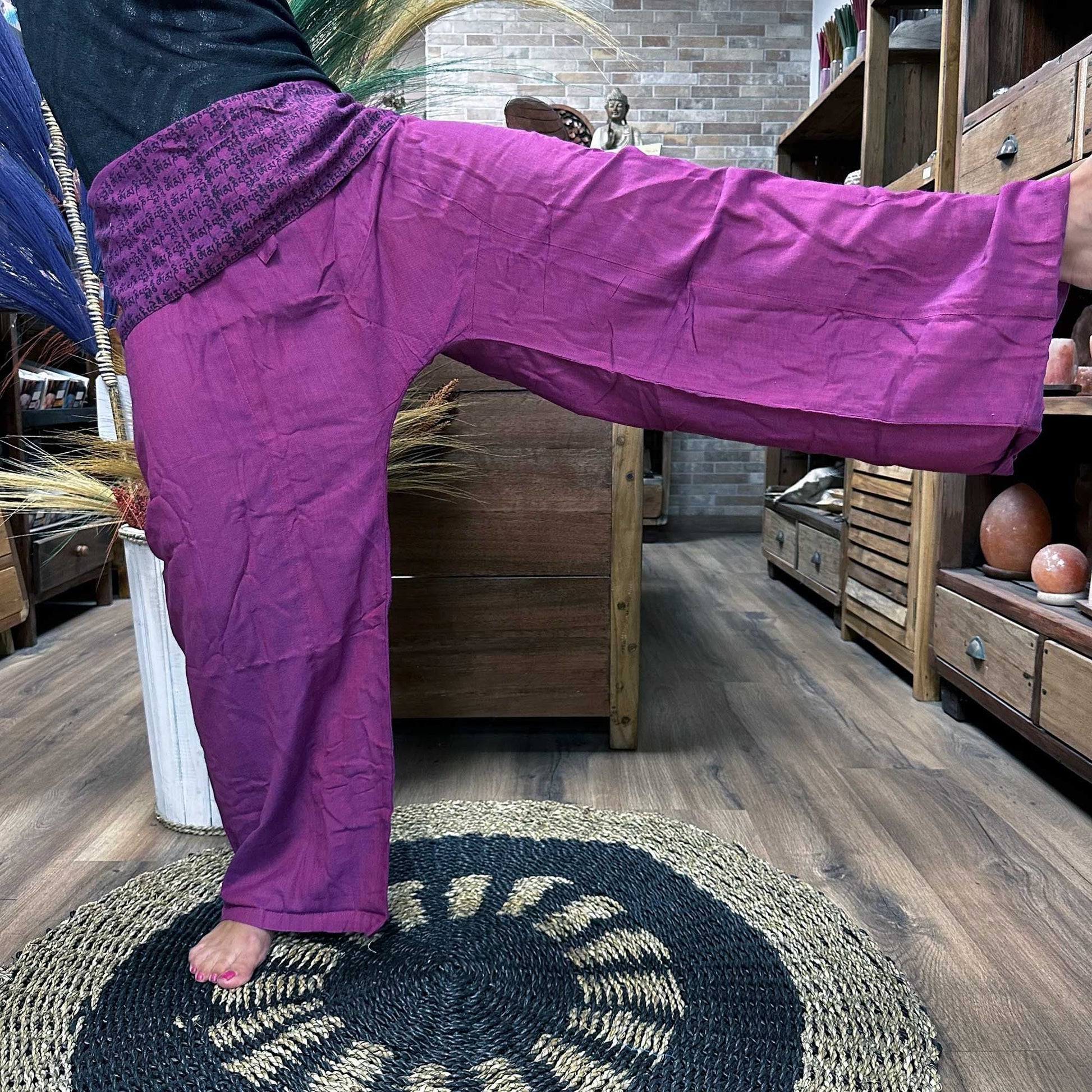 Polished Yoga and Festival Pants - Thai Fisherman Mandala Mantra on Purple featuring natural patterning and unique variations - Luna Panther