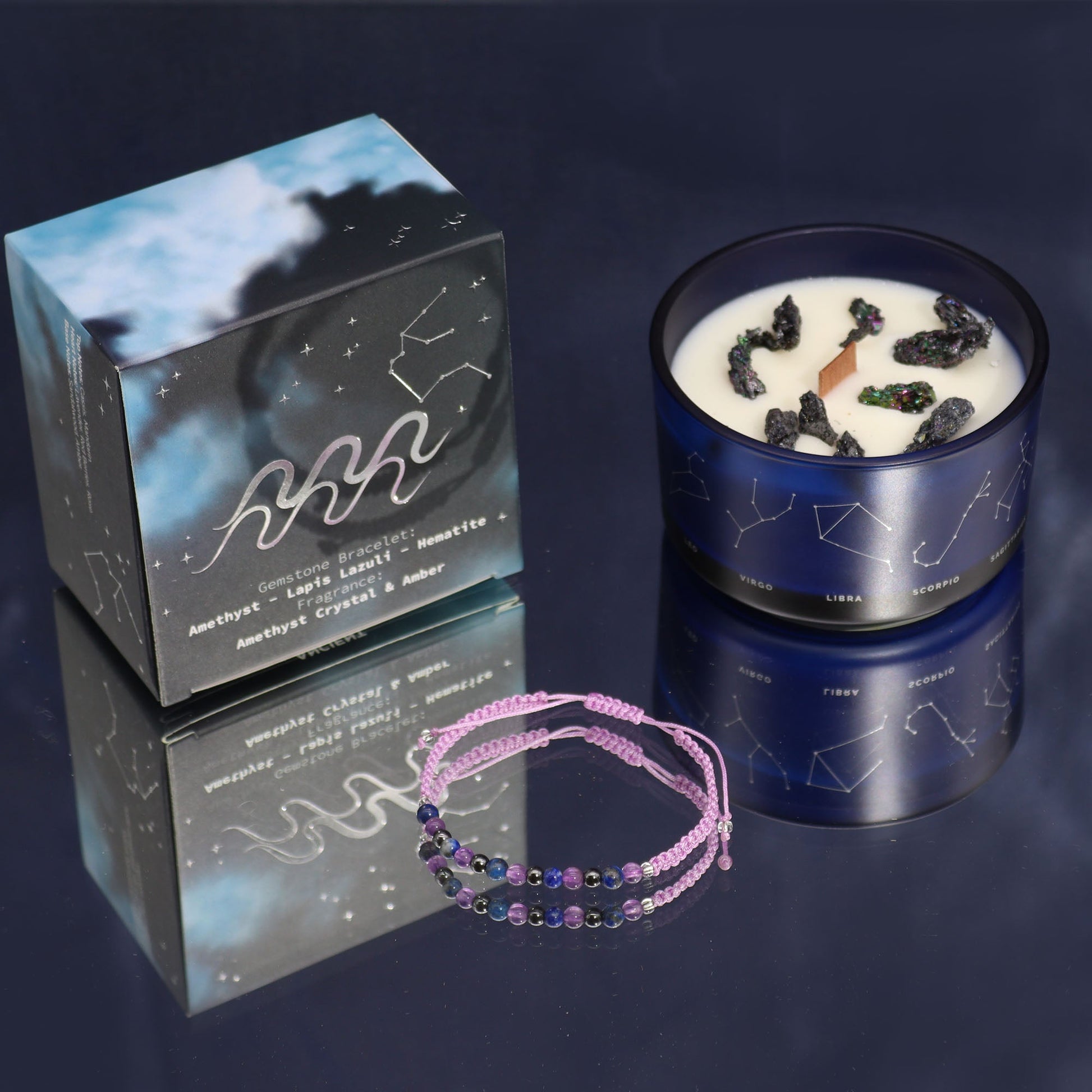 Zodiac Crystal Candle with Gemstone Bracelet - Aquarius - Luna Panther