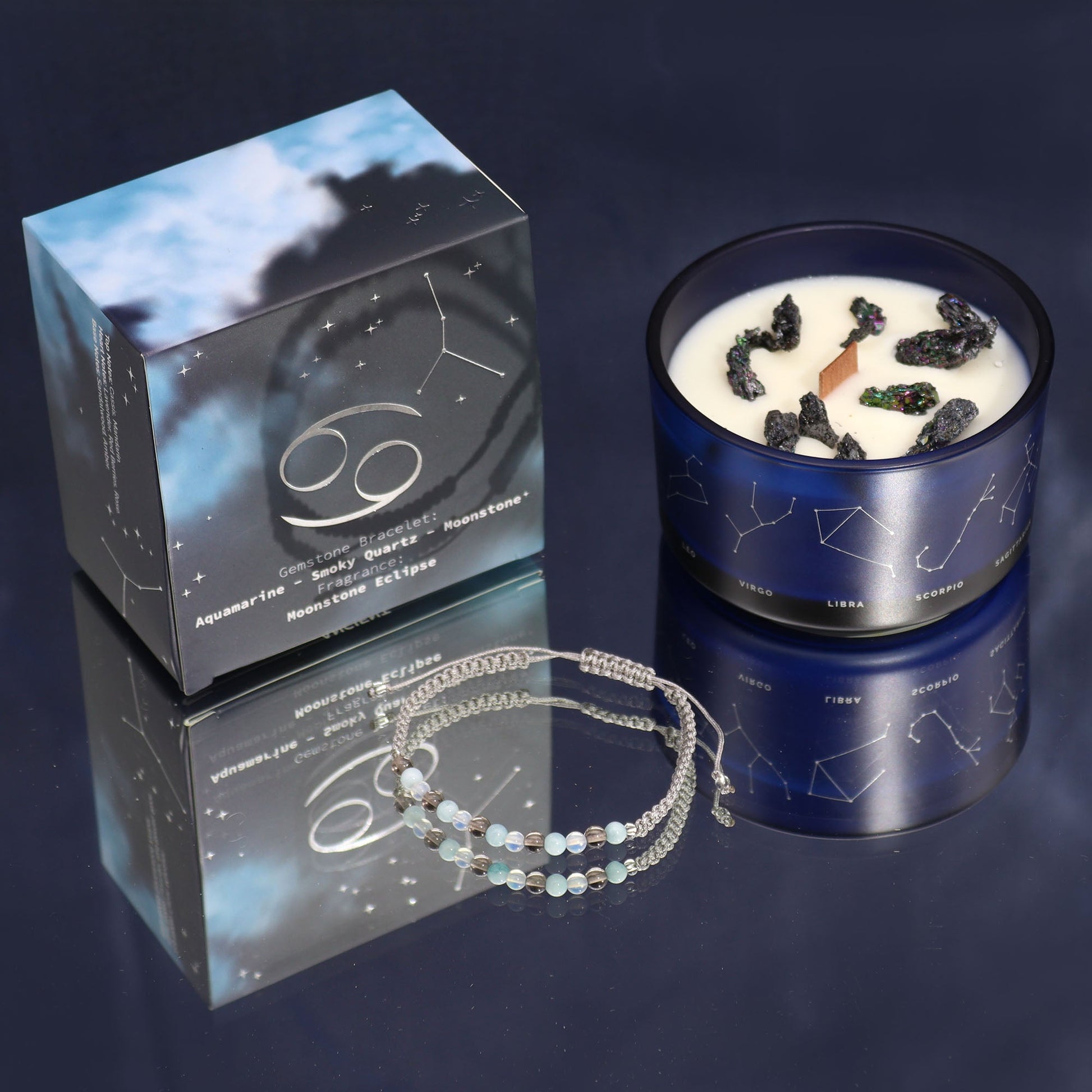 Zodiac Crystal Candle with Gemstone Bracelet - Cancer - Luna Panther