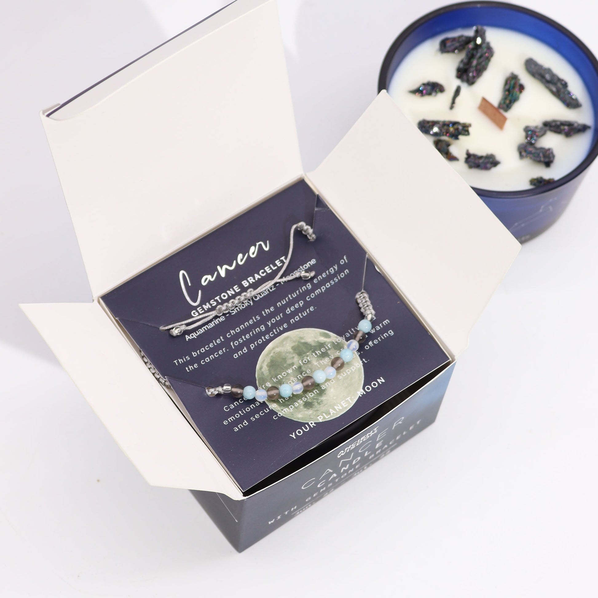 Zodiac Crystal Candle with Gemstone Bracelet - Cancer - Luna Panther