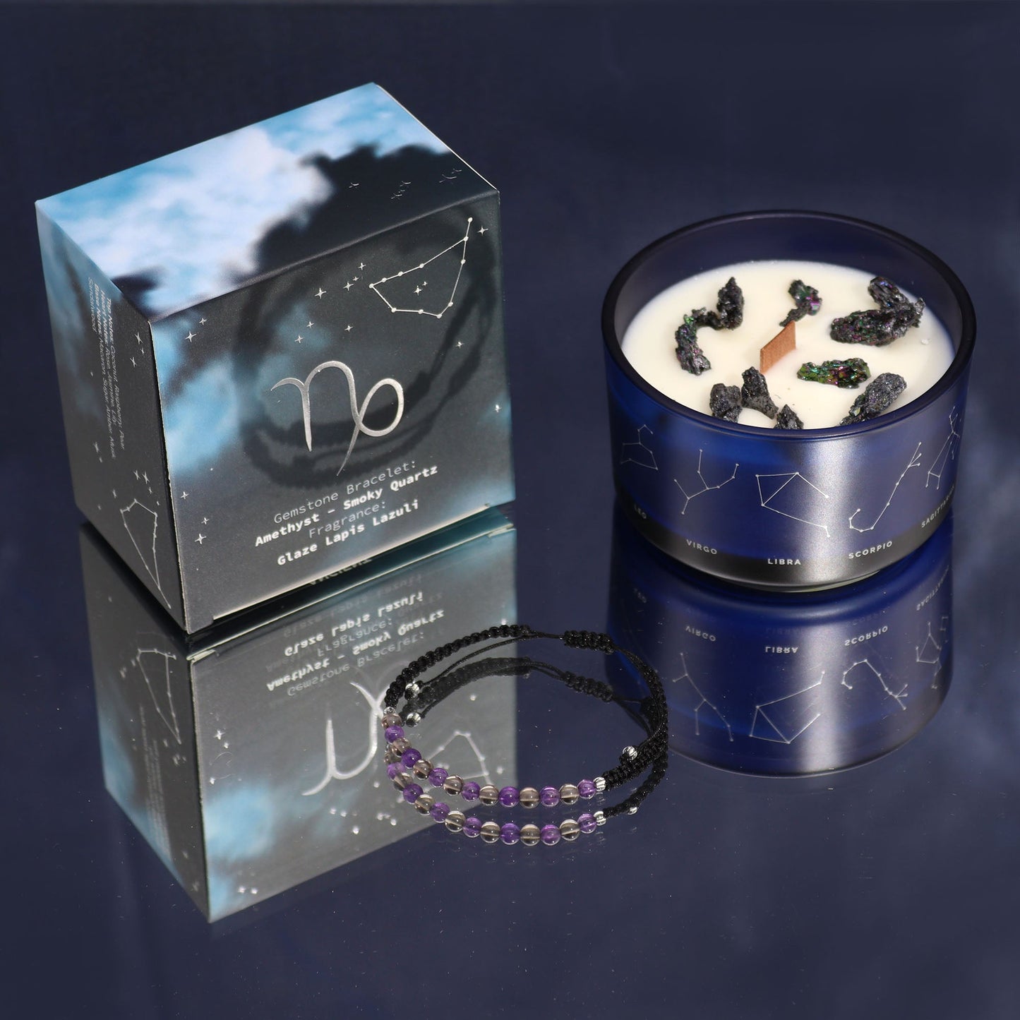 Polished Zodiac Crystal Candle with Gemstone Bracelet - Capricorn featuring natural patterning and unique variations - Luna Panther