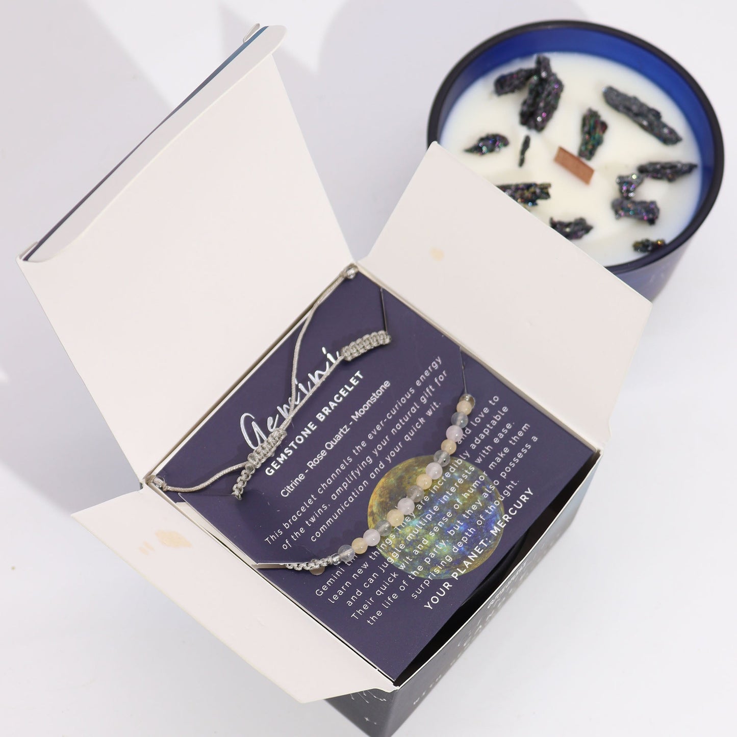 Zodiac Crystal Candle with Gemstone Bracelet - Gemini - Luna Panther