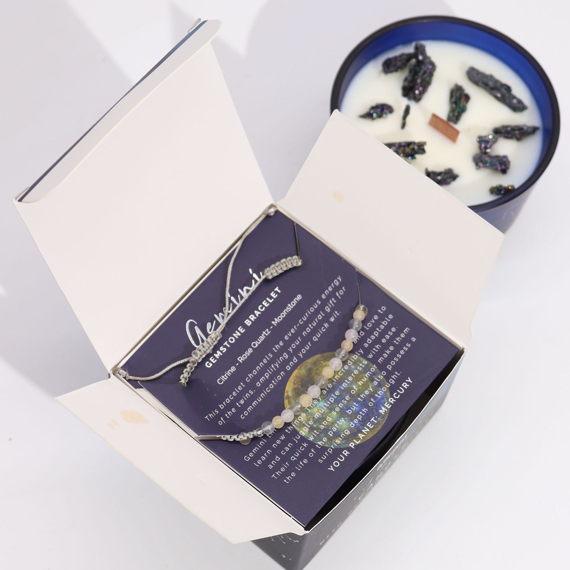 Zodiac Crystal Candle with Gemstone Bracelet - Gemini - Luna Panther