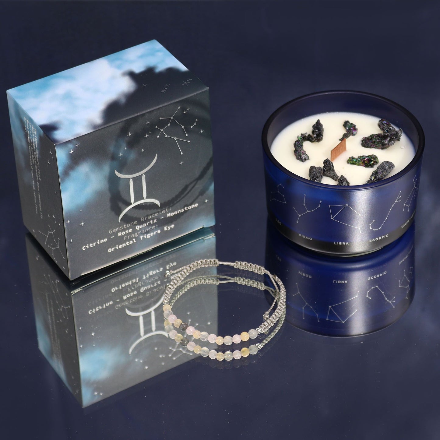 Polished Zodiac Crystal Candle with Gemstone Bracelet - Gemini featuring natural patterning and unique variations - Luna Panther
