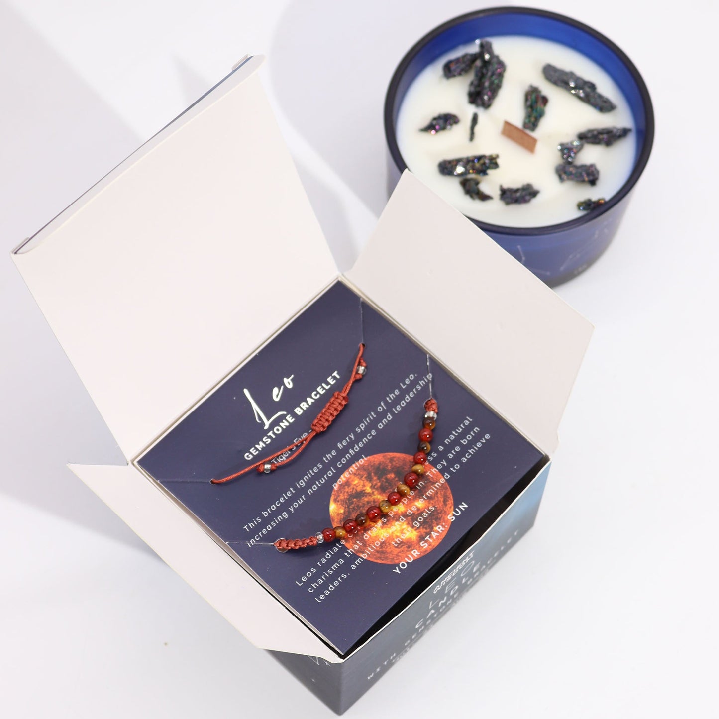 Zodiac Crystal Candle with Gemstone Bracelet - Leo - Luna Panther