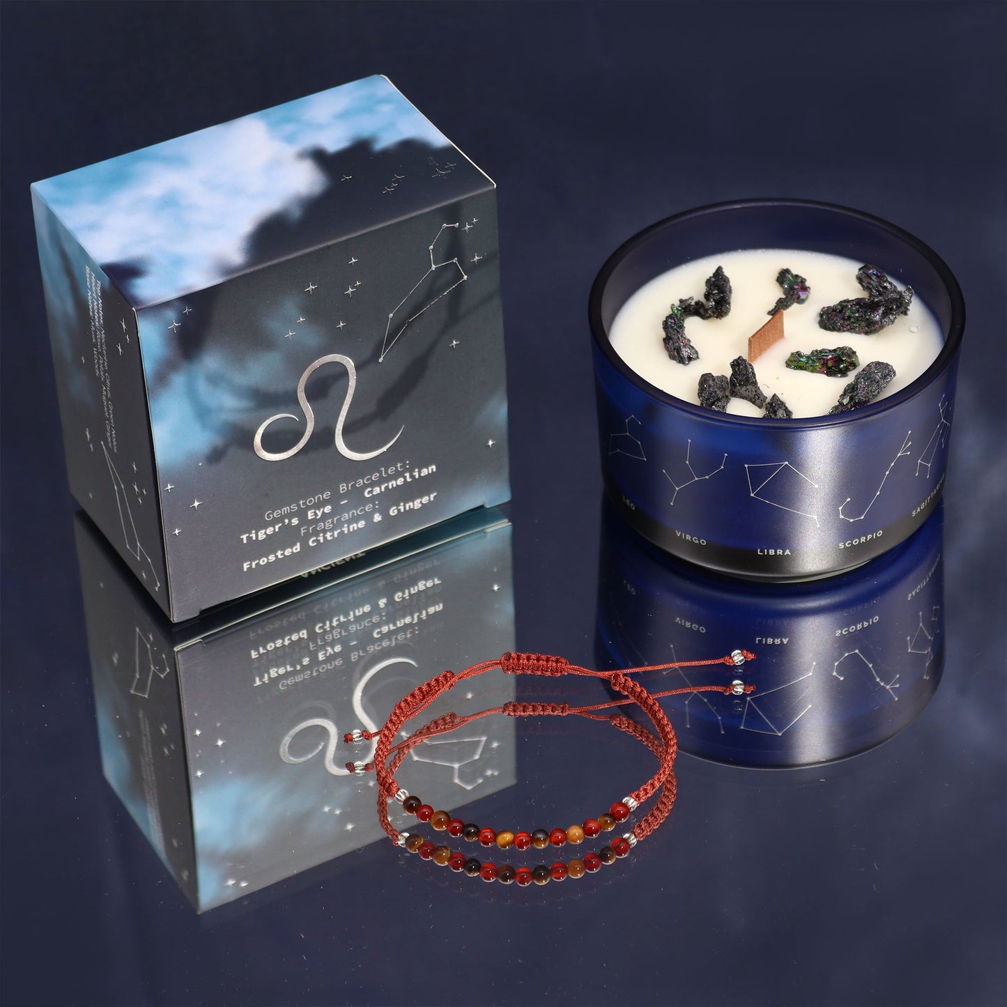 Polished Zodiac Crystal Candle with Gemstone Bracelet - Leo featuring natural patterning and unique variations - Luna Panther