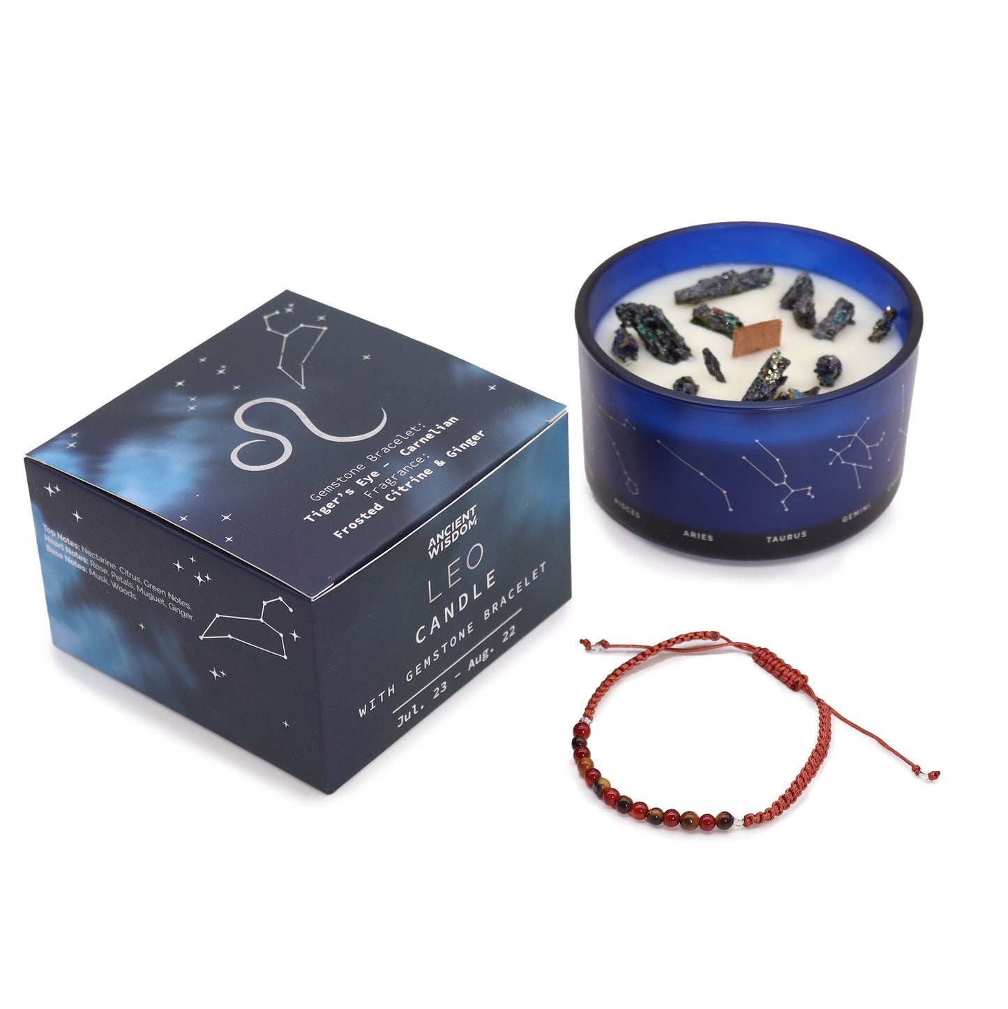 Zodiac Crystal Candle with Gemstone Bracelet - Leo - Luna Panther