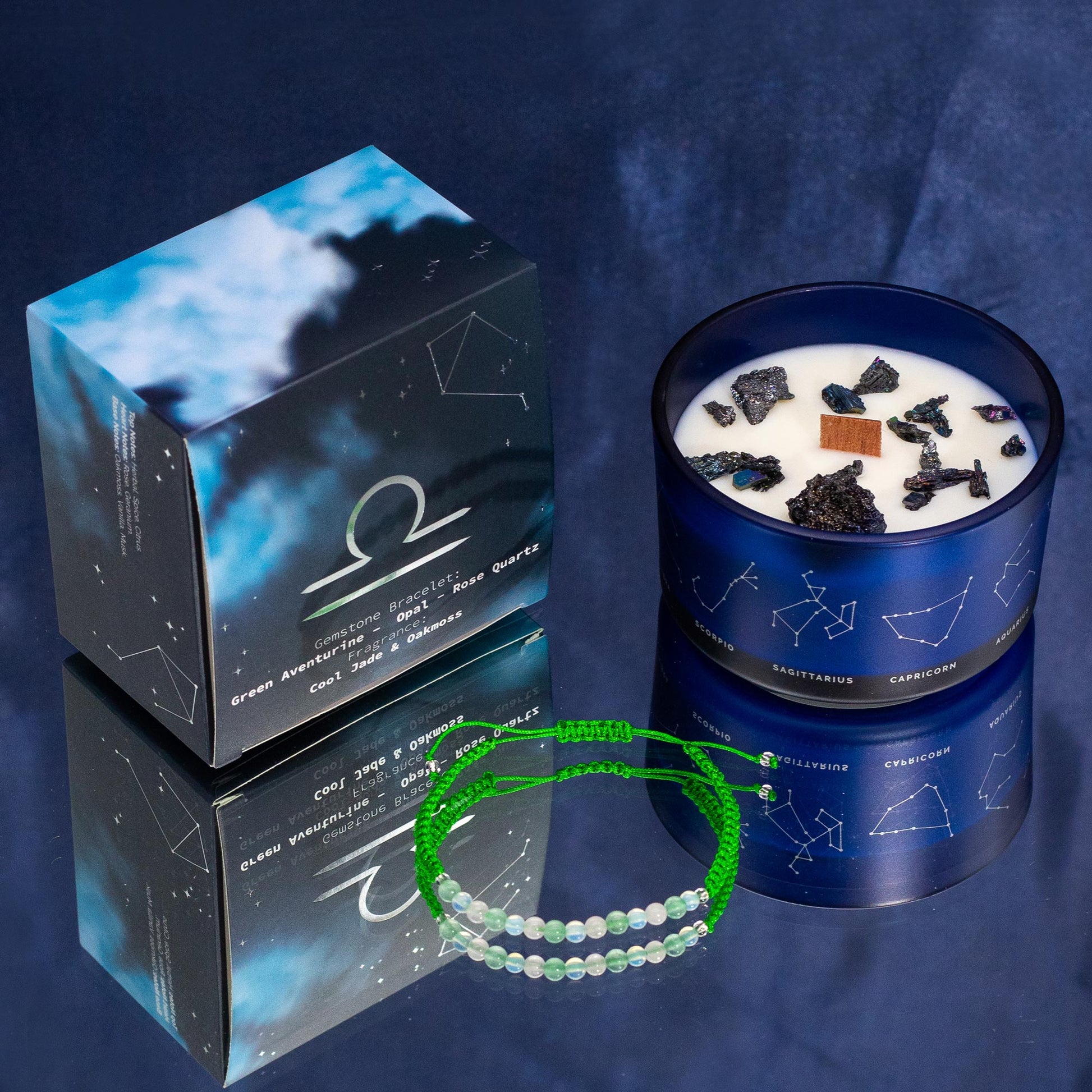 Polished Zodiac Crystal Candle with Gemstone Bracelet - Libra featuring natural patterning and unique variations - Luna Panther