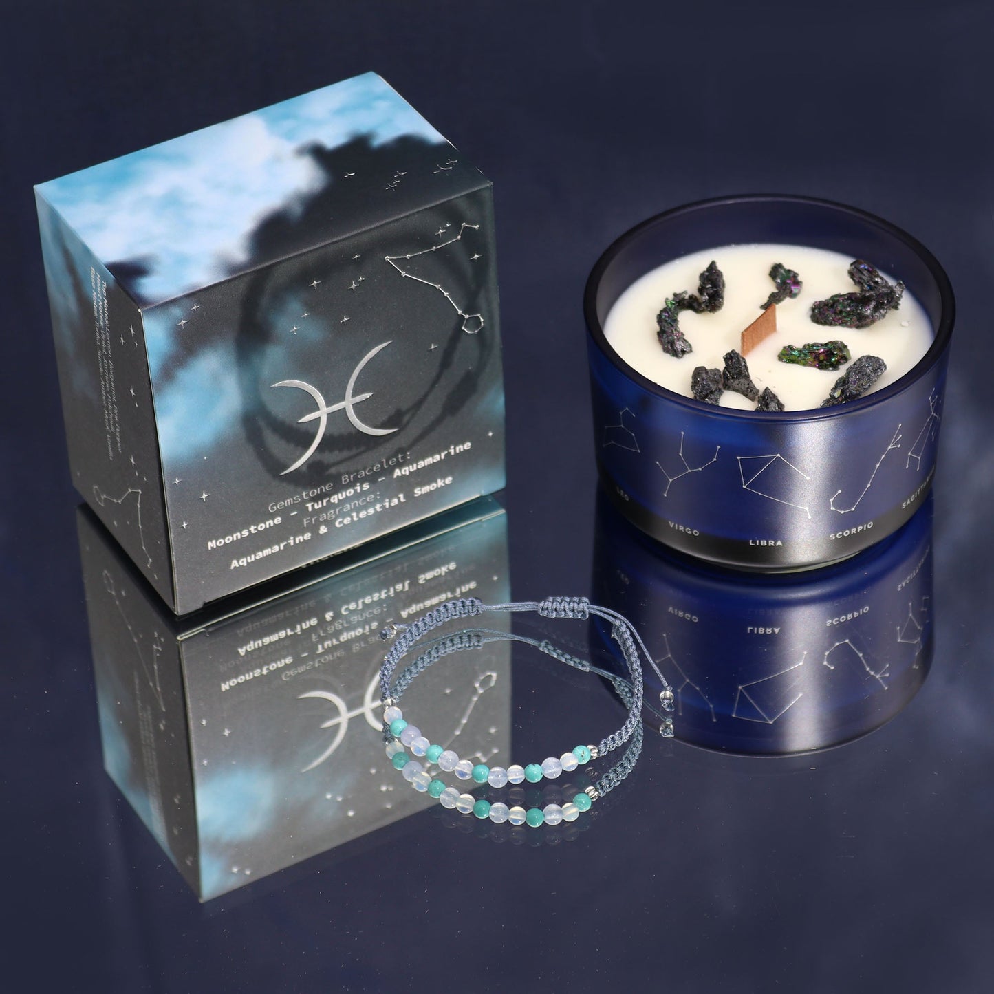Polished Zodiac Crystal Candle with Gemstone Bracelet - Pisces featuring natural patterning and unique variations - Luna Panther