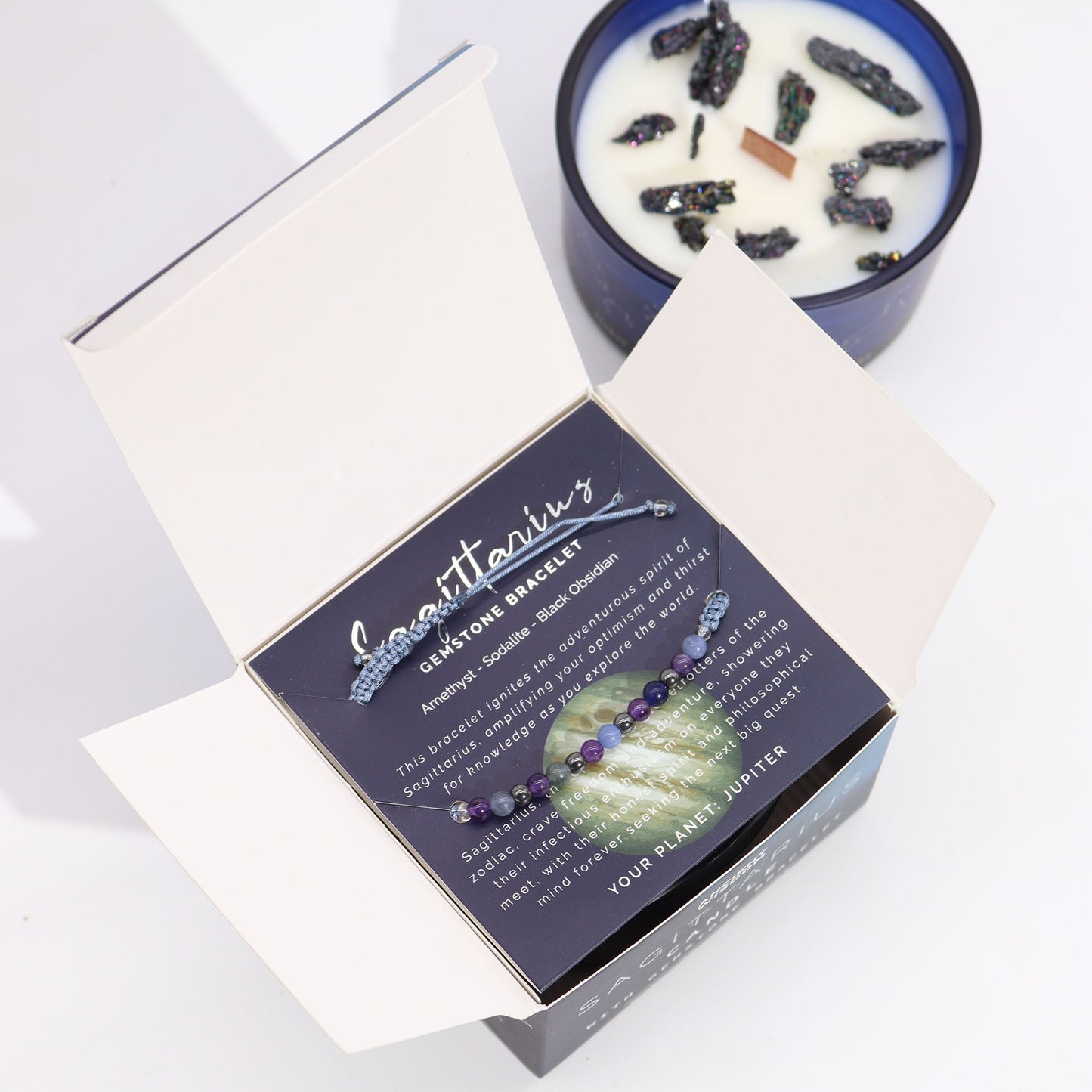 Zodiac Crystal Candle with Gemstone Bracelet - Sagittarius - Luna Panther