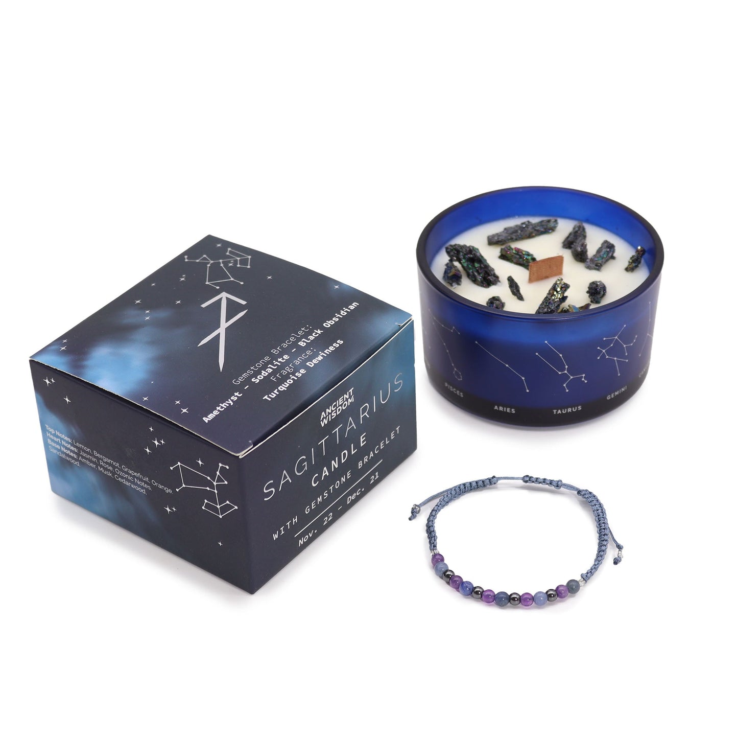 Zodiac Crystal Candle with Gemstone Bracelet - Sagittarius - Luna Panther