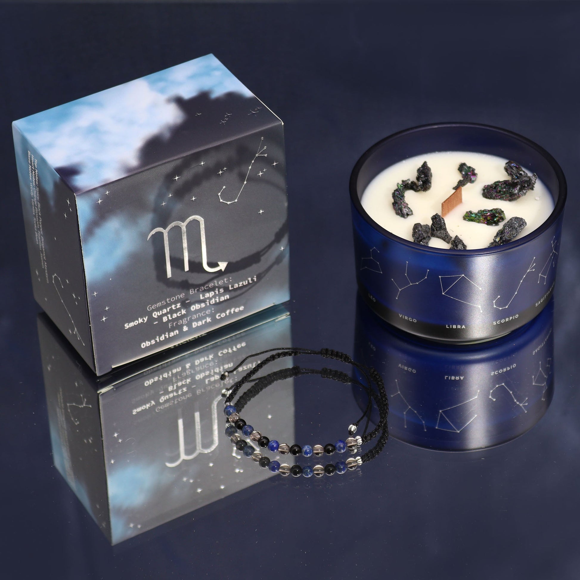 Polished Zodiac Crystal Candle with Gemstone Bracelet - Scorpio featuring natural patterning and unique variations - Luna Panther