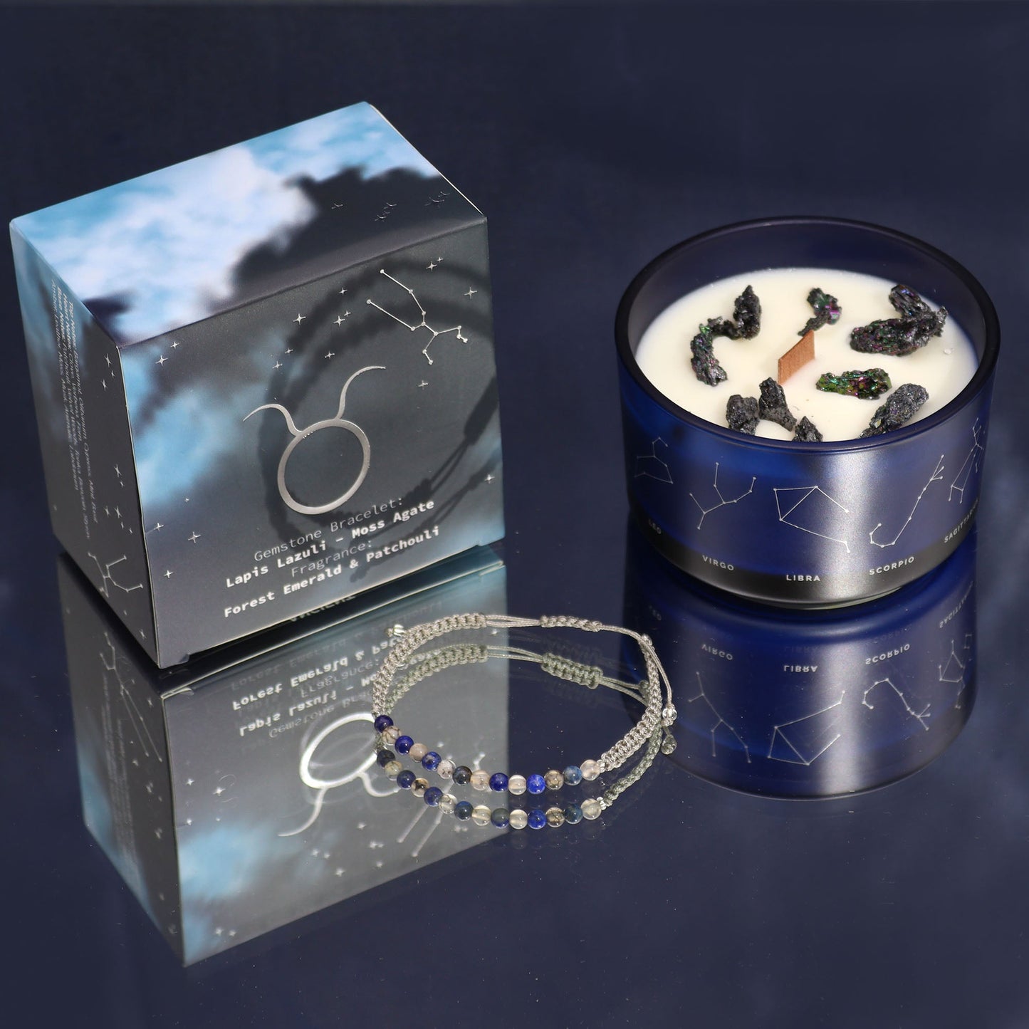 Polished Zodiac Crystal Candle with Gemstone Bracelet - Taurus featuring natural patterning and unique variations - Luna Panther