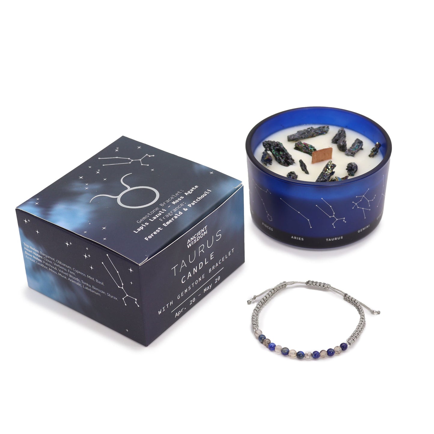 Zodiac Crystal Candle with Gemstone Bracelet - Taurus - Luna Panther