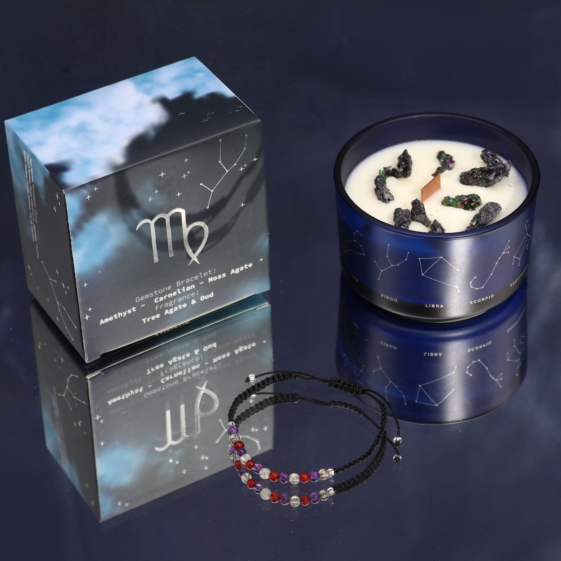 Polished Zodiac Crystal Candle with Gemstone Bracelet - Virgo featuring natural patterning and unique variations - Luna Panther